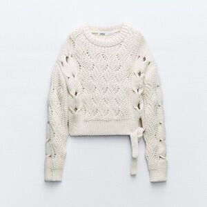 Zara Ecru Cable Knit Tie Sweater Women’s Small 3859/110